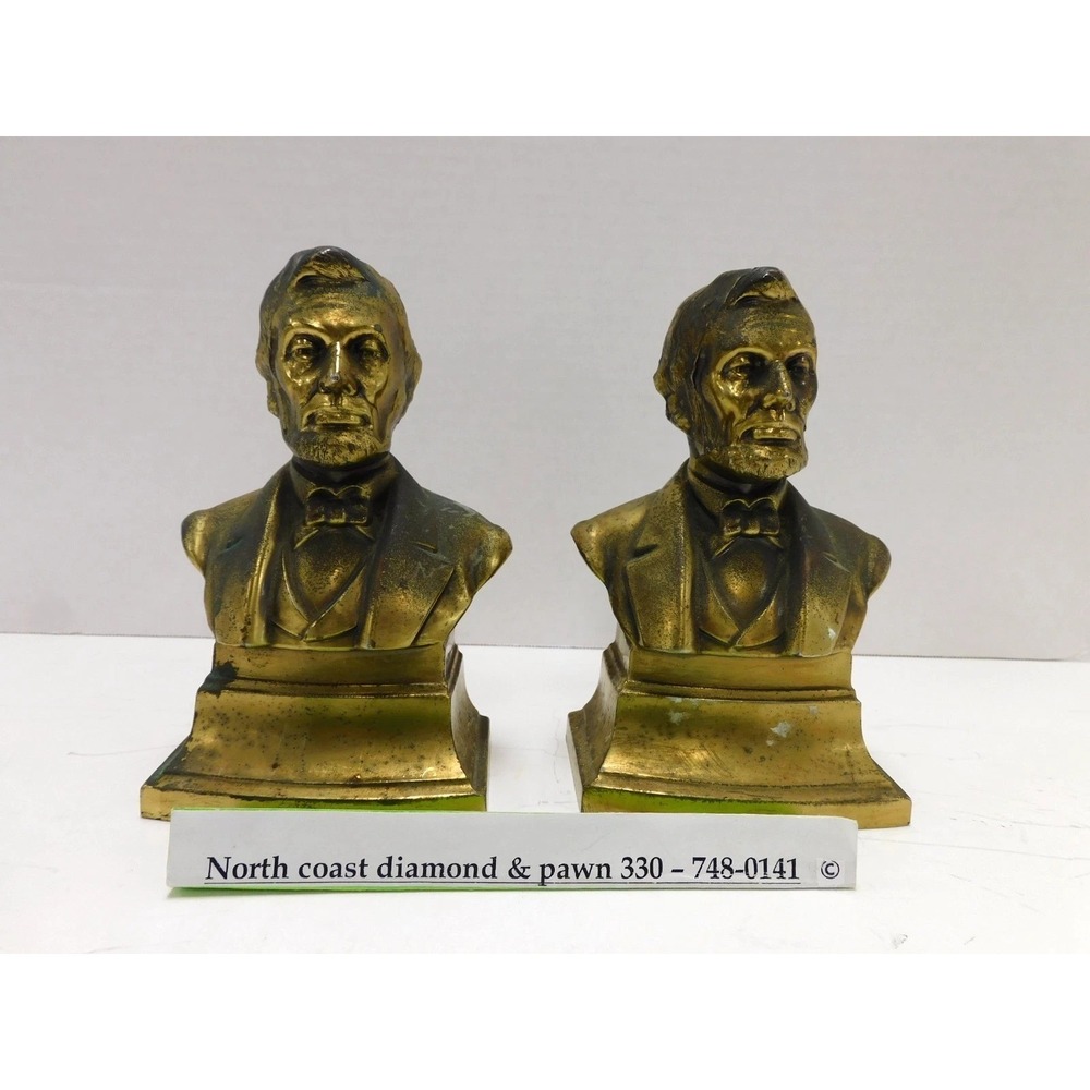 VTG PMC Abraham Lincoln Bust Bookends Gold Tone Metal Civil War Decor Pair DW733
